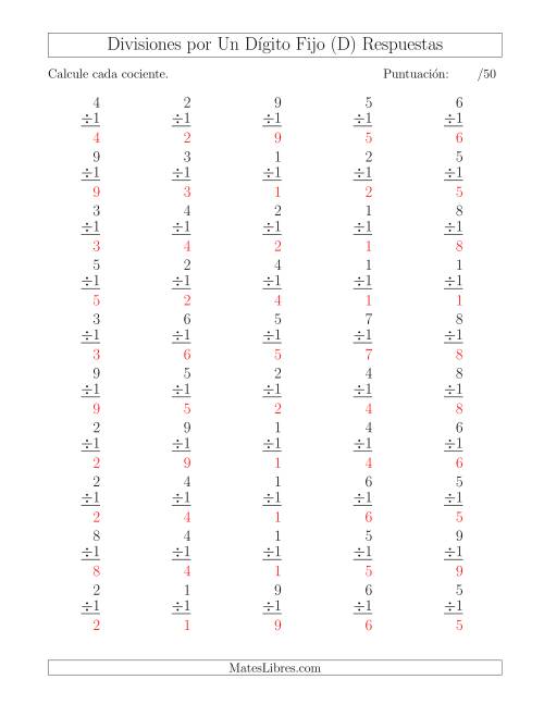 La hoja de ejercicios de Divisiones por 1, Cocientes entre 0 y 9 (D) Página 2
