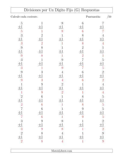 La hoja de ejercicios de Divisiones por 1, Cocientes entre 0 y 9 (G) Página 2