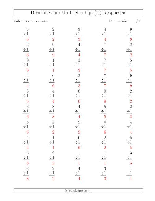 La hoja de ejercicios de Divisiones por 1, Cocientes entre 0 y 9 (H) Página 2