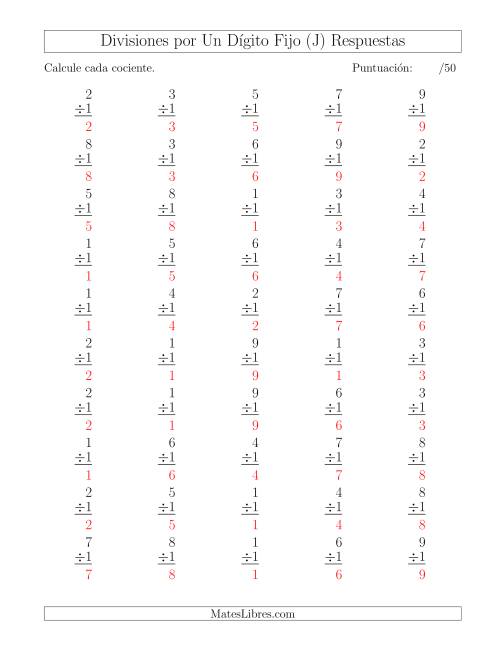 La hoja de ejercicios de Divisiones por 1, Cocientes entre 0 y 9 (J) Página 2