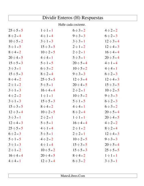 La hoja de ejercicios de Divisiones Básicas hasta 25 (sin Ceros) (H) Página 2