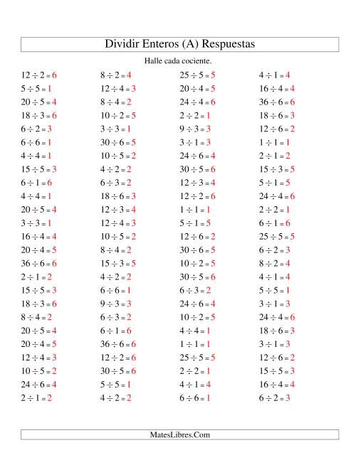 La hoja de ejercicios de Divisiones Básicas hasta 36 (sin Ceros) (A) Página 2