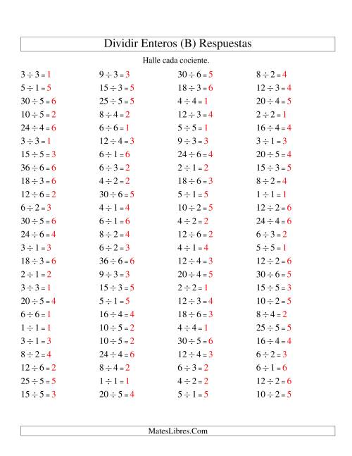 La hoja de ejercicios de Divisiones Básicas hasta 36 (sin Ceros) (B) Página 2