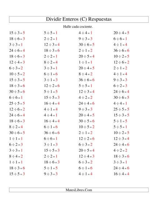 La hoja de ejercicios de Divisiones Básicas hasta 36 (sin Ceros) (C) Página 2