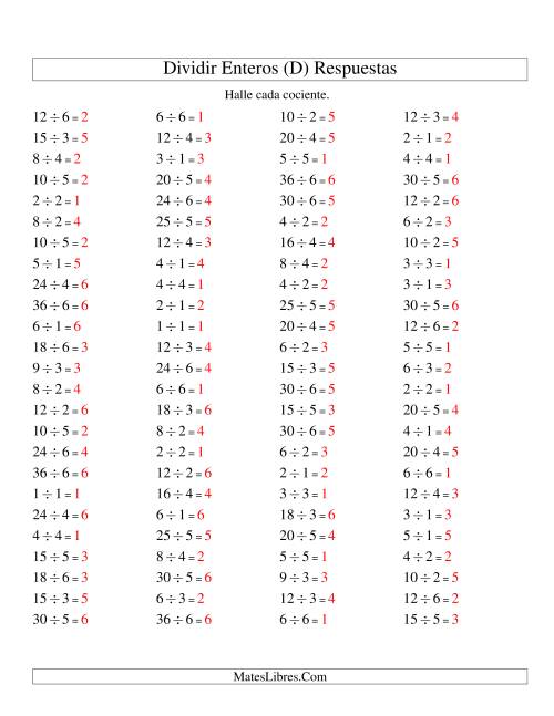 La hoja de ejercicios de Divisiones Básicas hasta 36 (sin Ceros) (D) Página 2