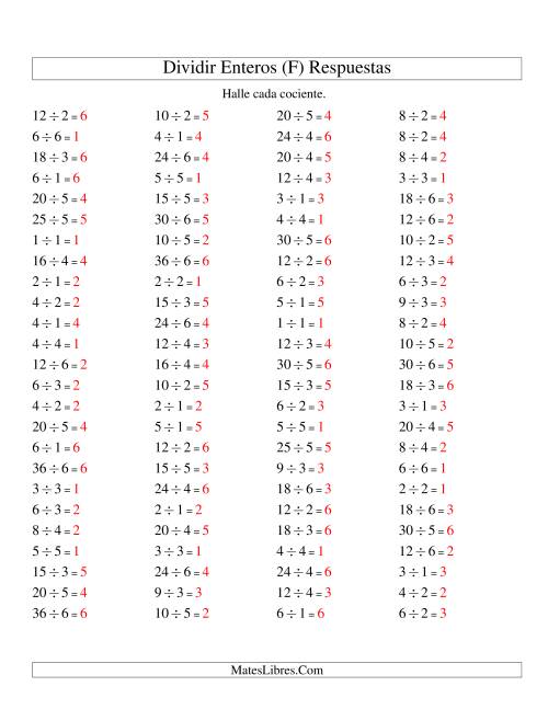 La hoja de ejercicios de Divisiones Básicas hasta 36 (sin Ceros) (F) Página 2