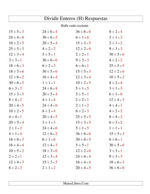 La hoja de ejercicios de Divisiones Básicas hasta 36 (sin Ceros) (H) Página 2
