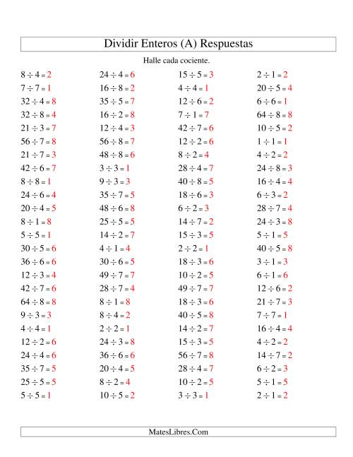 La hoja de ejercicios de Divisiones Básicas hasta 64 (sin Ceros) (A) Página 2