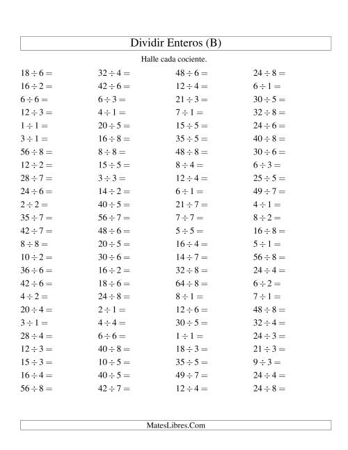 La hoja de ejercicios de Divisiones Básicas hasta 64 (sin Ceros) (B)