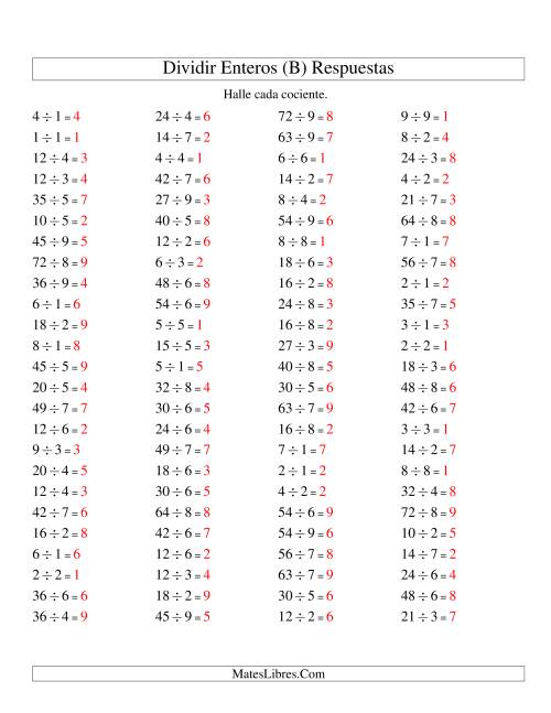 La hoja de ejercicios de Divisiones Básicas hasta 81 (sin Ceros) (B) Página 2