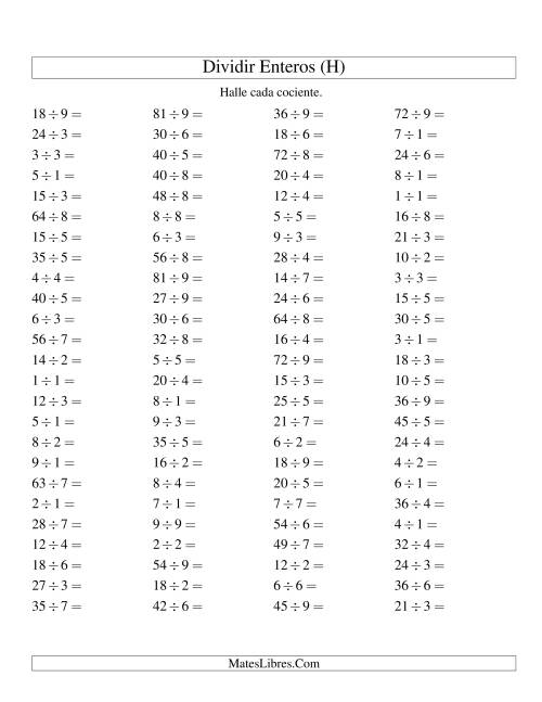 La hoja de ejercicios de Divisiones Básicas hasta 81 (sin Ceros) (H)