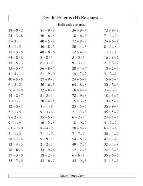 La hoja de ejercicios de Divisiones Básicas hasta 81 (sin Ceros) (H) Página 2