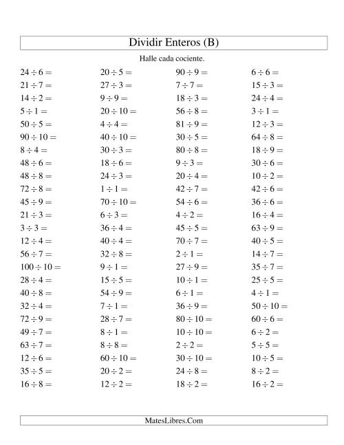 La hoja de ejercicios de Divisiones Básicas hasta 100 (sin Ceros) (B)