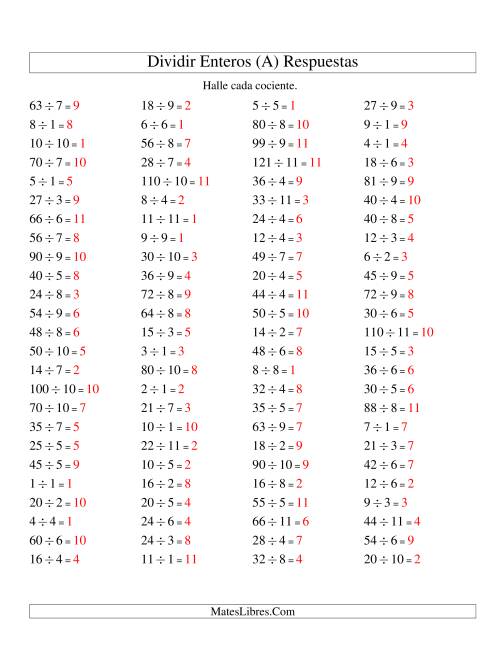 La hoja de ejercicios de Divisiones Básicas hasta 121 (sin Ceros) (A) Página 2