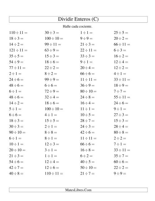 La hoja de ejercicios de Divisiones Básicas hasta 121 (sin Ceros) (C)