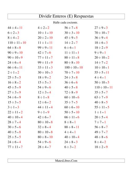 La hoja de ejercicios de Divisiones Básicas hasta 121 (sin Ceros) (E) Página 2