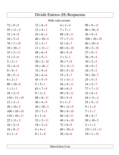 La hoja de ejercicios de Divisiones Básicas hasta 121 (sin Ceros) (H) Página 2