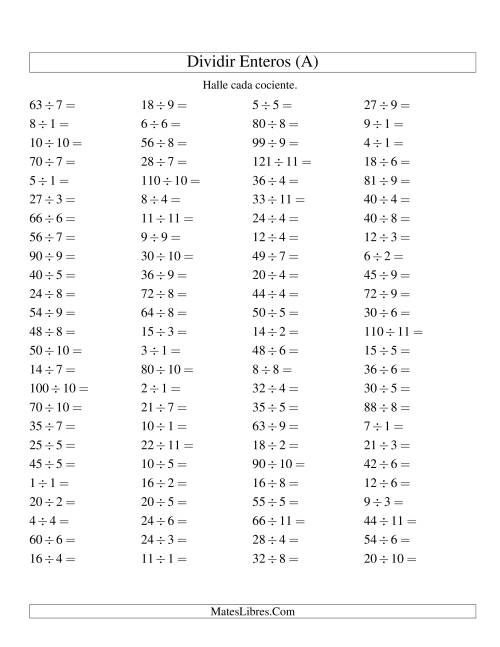 La hoja de ejercicios de Divisiones Básicas hasta 121 (sin Ceros) (Todas)