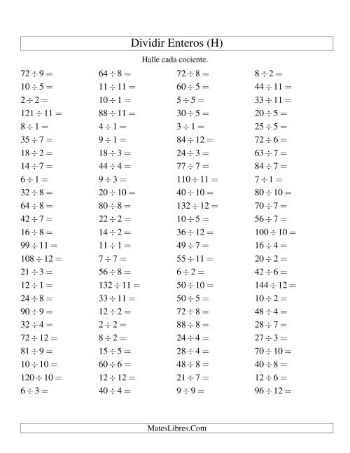 La hoja de ejercicios de Divisiones Básicas hasta 144 (sin Ceros) (H)