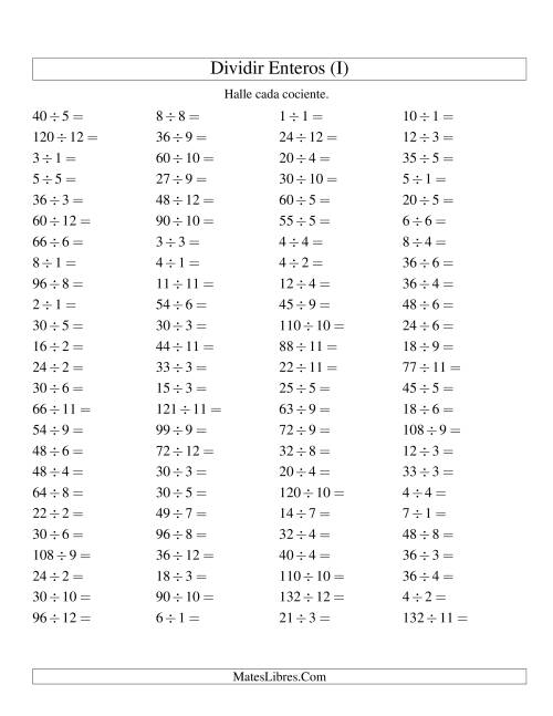 La hoja de ejercicios de Divisiones Básicas hasta 144 (sin Ceros) (I)