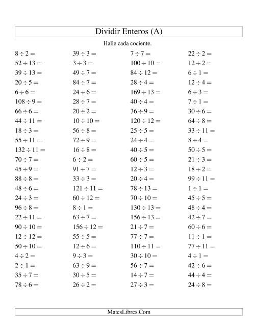 La hoja de ejercicios de Divisiones Básicas hasta 169 (sin Ceros) (A)
