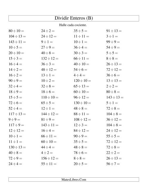 La hoja de ejercicios de Divisiones Básicas hasta 169 (sin Ceros) (B)
