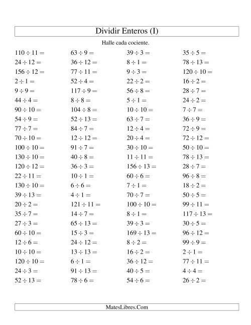 La hoja de ejercicios de Divisiones Básicas hasta 169 (sin Ceros) (I)