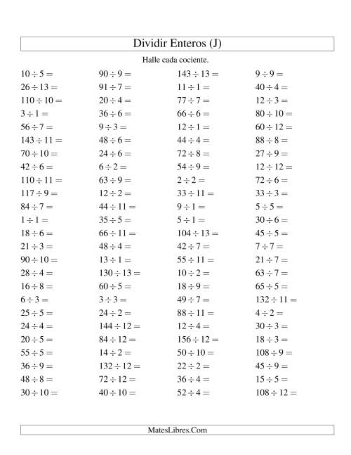 La hoja de ejercicios de Divisiones Básicas hasta 169 (sin Ceros) (J)