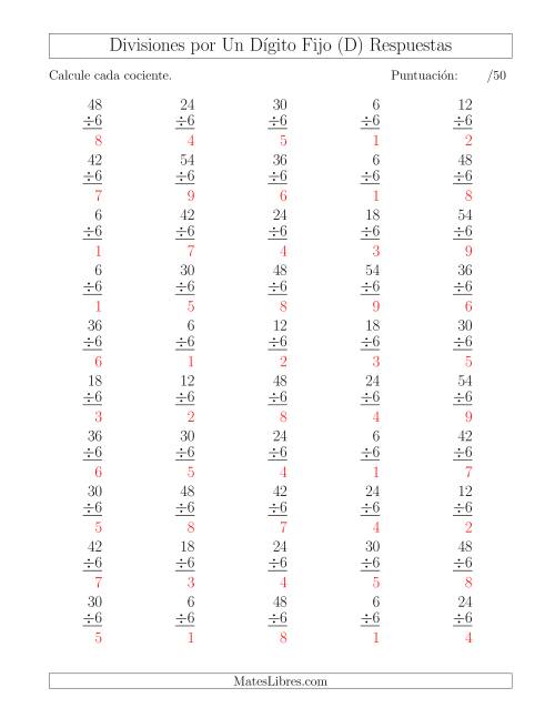 La hoja de ejercicios de Divisiones por 6, Cocientes entre 0 y 9 (D) Página 2