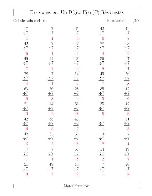 La hoja de ejercicios de Divisiones por 7, Cocientes entre 0 y 9 (C) Página 2