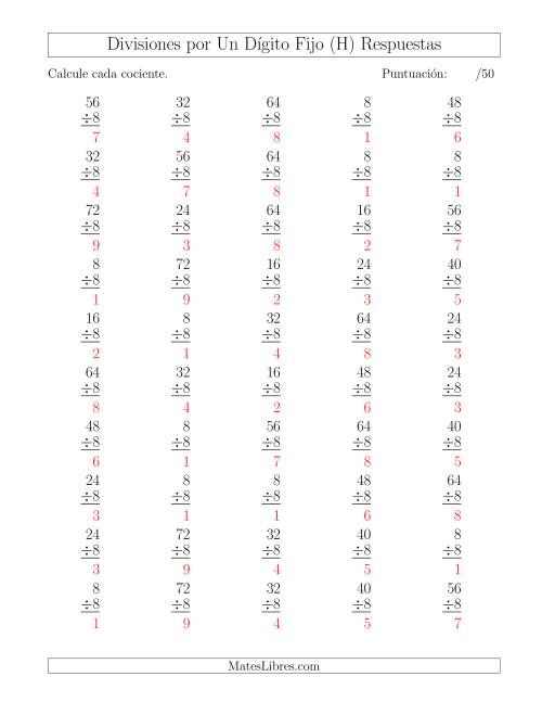 La hoja de ejercicios de Divisiones por 8, Cocientes entre 0 y 9 (H) Página 2