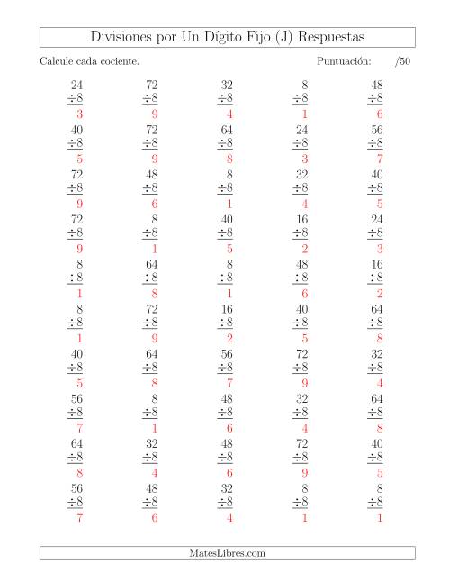 La hoja de ejercicios de Divisiones por 8, Cocientes entre 0 y 9 (J) Página 2