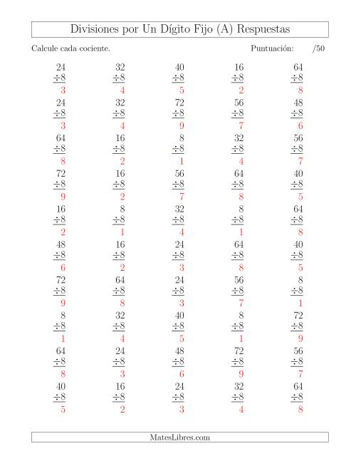 La hoja de ejercicios de Divisiones por 8, Cocientes entre 0 y 9 (Todas) Página 2
