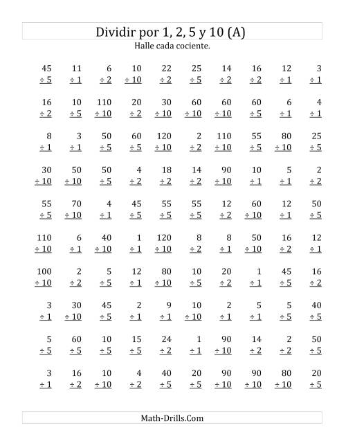 La hoja de ejercicios de Divisiones Básicas por 1, 2, 5 y 10 (A)