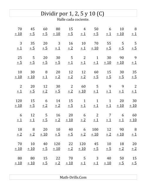 La hoja de ejercicios de Divisiones Básicas por 1, 2, 5 y 10 (C)
