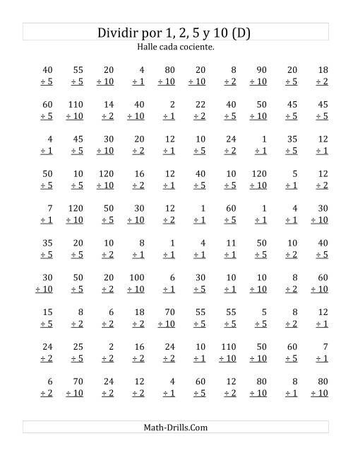 La hoja de ejercicios de Divisiones Básicas por 1, 2, 5 y 10 (D)
