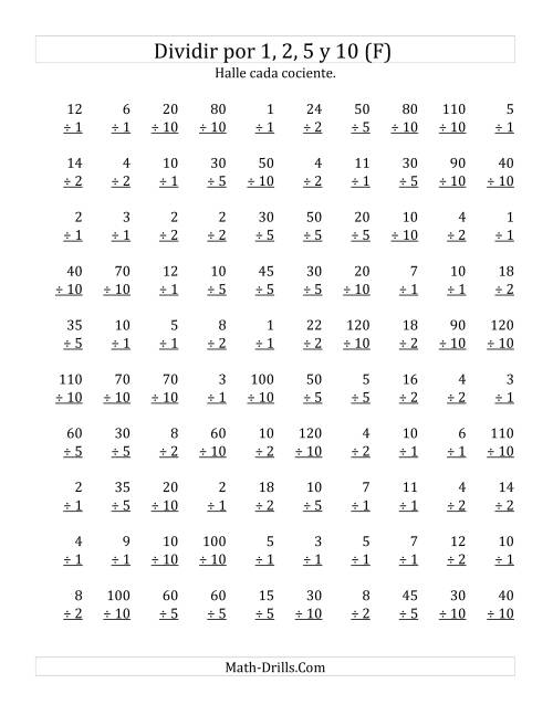 La hoja de ejercicios de Divisiones Básicas por 1, 2, 5 y 10 (F)