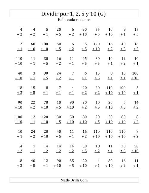 La hoja de ejercicios de Divisiones Básicas por 1, 2, 5 y 10 (G)