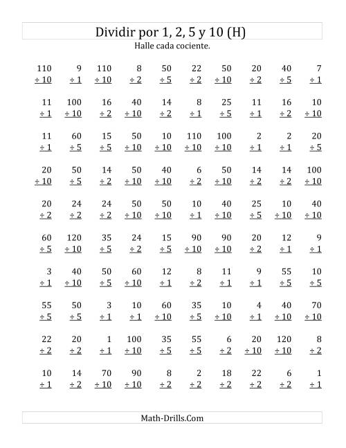 La hoja de ejercicios de Divisiones Básicas por 1, 2, 5 y 10 (H)