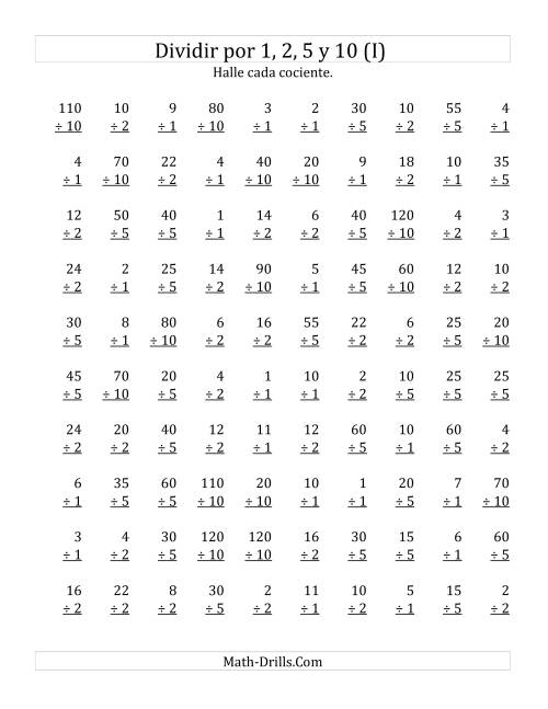 La hoja de ejercicios de Divisiones Básicas por 1, 2, 5 y 10 (I)