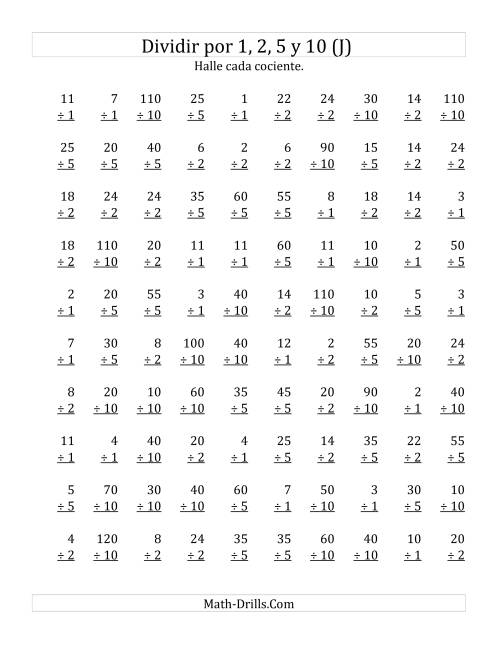 La hoja de ejercicios de Divisiones Básicas por 1, 2, 5 y 10 (J)