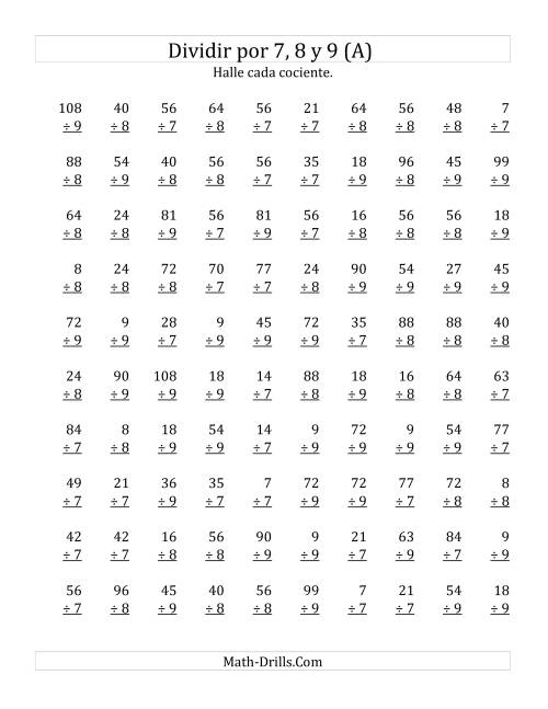 La hoja de ejercicios de Divisiones Básicas por 7, 8 y 9 (A)