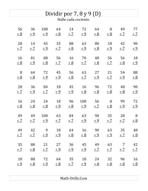 La hoja de ejercicios de Divisiones Básicas por 7, 8 y 9 (D)