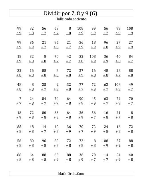 La hoja de ejercicios de Divisiones Básicas por 7, 8 y 9 (G)