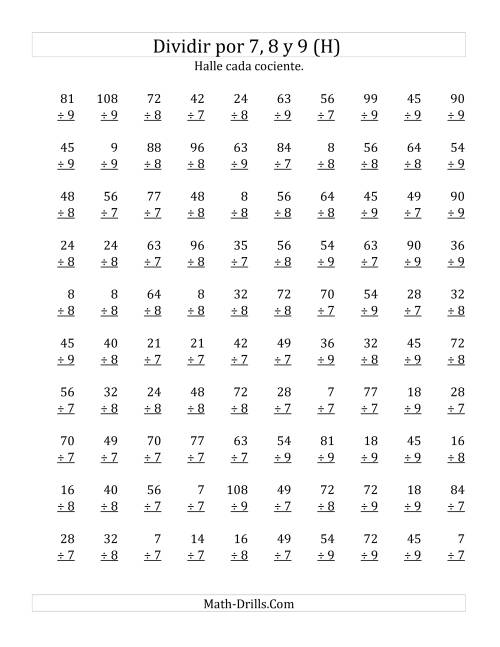 La hoja de ejercicios de Divisiones Básicas por 7, 8 y 9 (H)