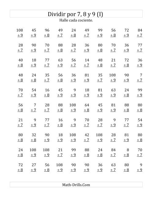 La hoja de ejercicios de Divisiones Básicas por 7, 8 y 9 (I)