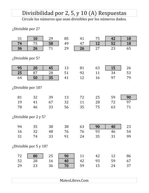 La hoja de ejercicios de Reglas de Divisibilidad por 2, 5 y 10 (A) Página 2