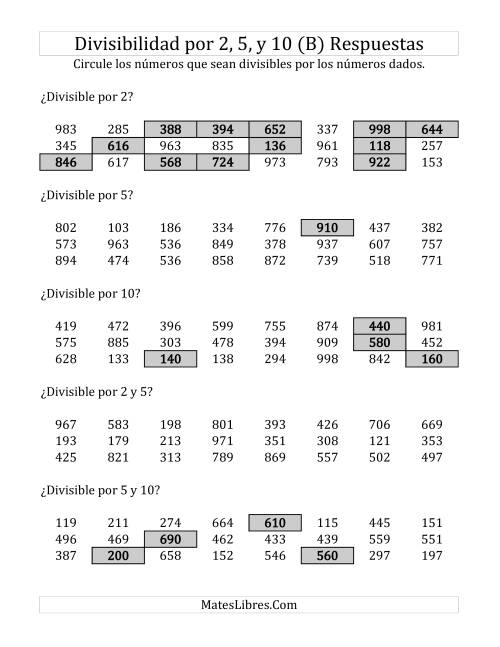 La hoja de ejercicios de Reglas de Divisibilidad por 2, 5 y 10 (B) Página 2