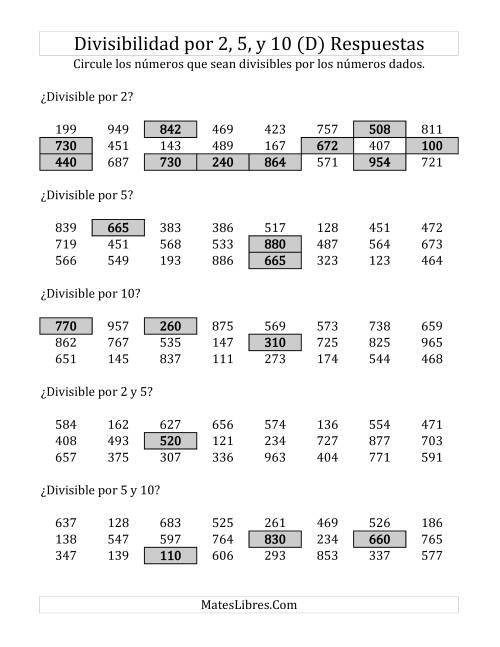La hoja de ejercicios de Reglas de Divisibilidad por 2, 5 y 10 (D) Página 2