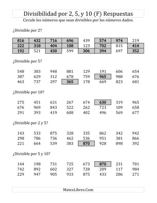 La hoja de ejercicios de Reglas de Divisibilidad por 2, 5 y 10 (F) Página 2
